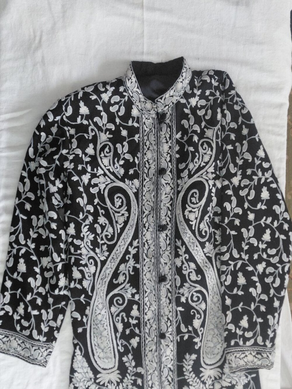 Vintage Kashmiri Embroidered Jacket Black Wool Floral Hand Embroidered Boho Coat